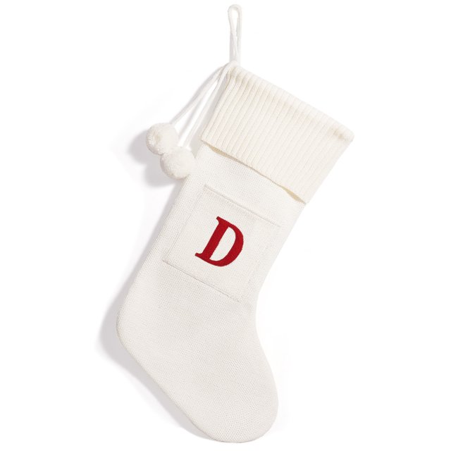 Christmas Knitted Stocking With Personalised Christmas Tree Alphabet Letter Initial White D