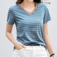 thumbnail image 2 of Women's Striped Retro Top Korean Style Full Loose Round Neck Short Sleeve Design Sense Color Contrast T Shirt, 2 of 4