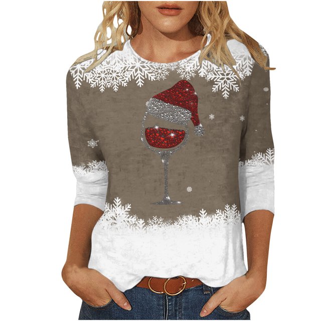 Pisexur Chandails de Noël pour Femmes Chandails à Manches 3/4 pour Femmes Chandails à Col Rond Graphiques Amusants Chandails à Capuchon Décontractés pour les Fêtes de Noël Confort Amples Mode d'Automne Chandails à Enfiler