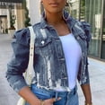 thumbnail image 2 of CEHVOM Veste en Denim pour Femmes, Courte, à Revers, Effilochée, à Boutons, à Manches Bouffantes, Coupe Ajustée, 2 of 8