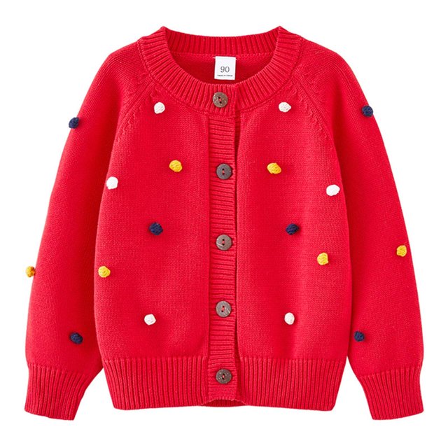 RXIRUCGD Cardigan Veste en Tricot de Coton à Col Rond, Boules Colorées Crochetées à la Main pour Garçons et Filles ( Rouge, Taille : 6 Ans )