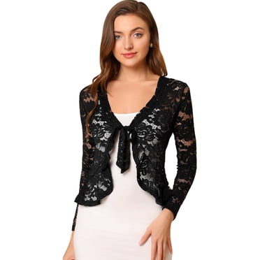 INSPIRE CHIC Women's Floral Lace Cardigans Tie Front Ruffled Hem Sheer Crop Bolero Shrug M Black