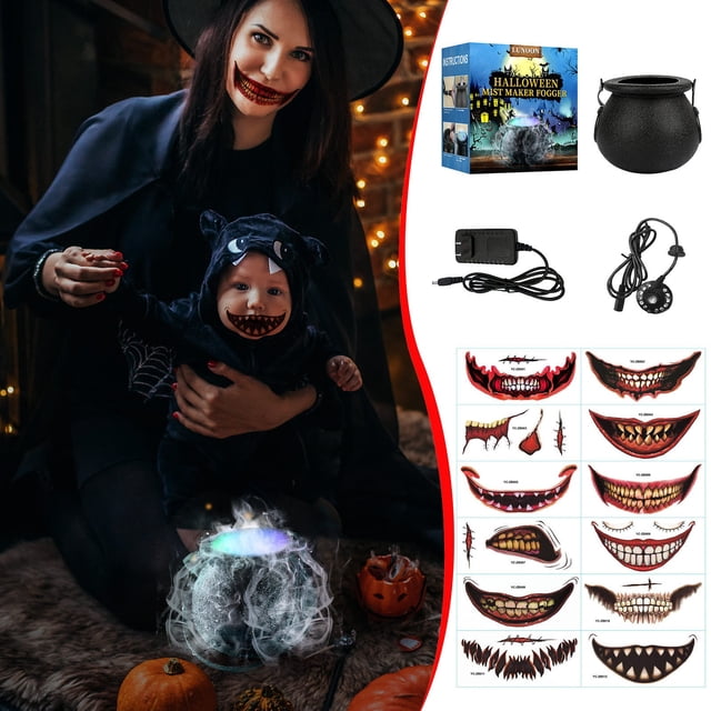 Halloween LED Mist Maker Fogger Decoration Witch Cauldron Maker Water Geyser Pond Paired With Halloween Horror Stickers