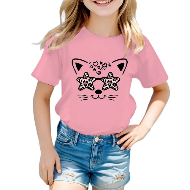 LUOGENLI T-Shirt pour Filles Enfant Filles Mignon Graphique Col Rond Manche Courte Tee Été Décontracté T-Shirt Chandails pour Filles Entraînement 7-8 Ans