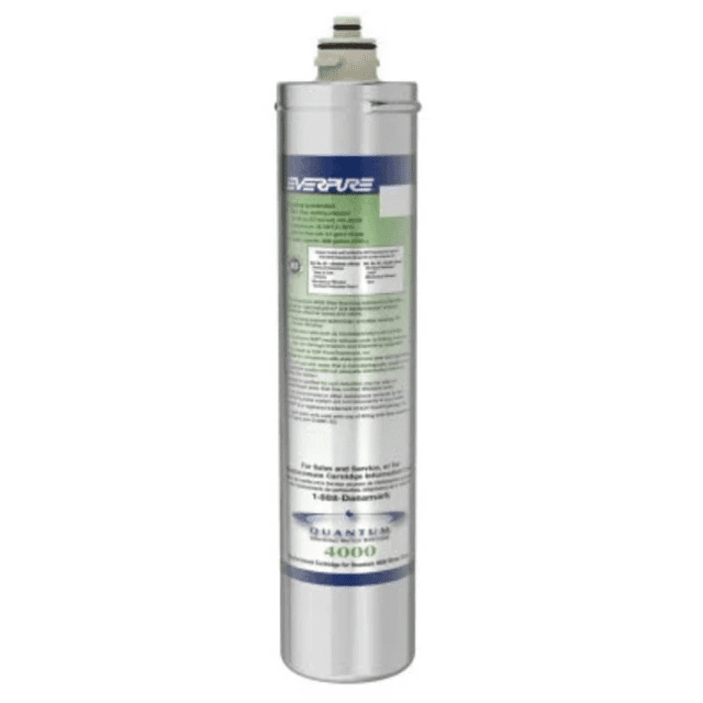 Everpure EV9279-04 Quantum 4000 (Q-4000) Replacement Cartridge, a cylindrical silver water filter cartridge with green and blue labeling, NSF-certified for reducing chlorine, particulates, cysts, and lead. Compatible with QH3 head systems, featuring a 2000-gallon capacity, 0.5-micron filtration, and precoat design for enhanced water quality. Ideal for replacement in home water filtration systems.