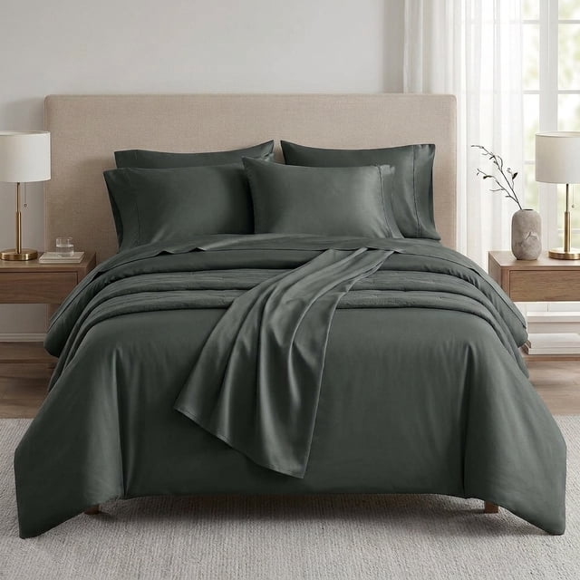 Opulent Ensemble de Draps en Rayonne de Bambou - Très Grand Lit - Charbon