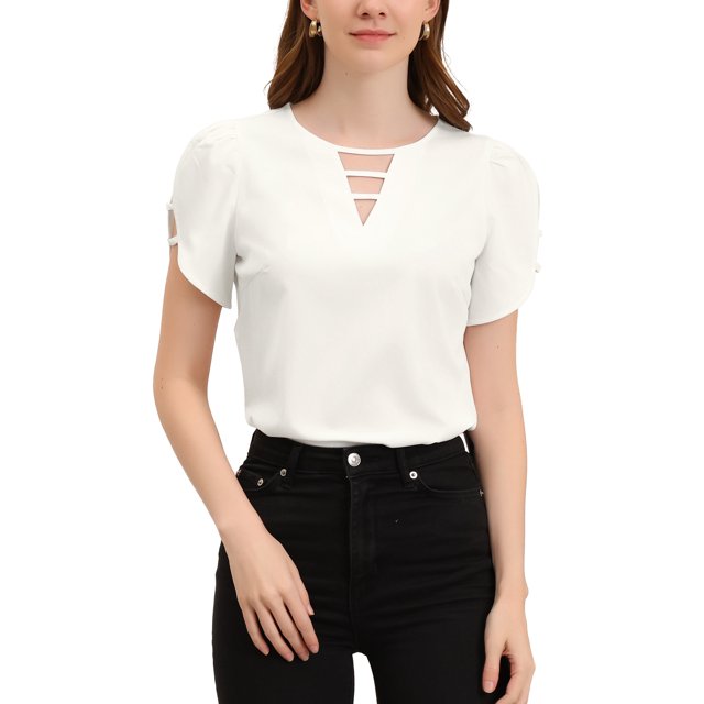 INSPIRE CHIC Blouse à Col Ras du Cou en V Découpé à Fente pour Femme, Décontractée, Poignets Froncés, Haut TG Blanc