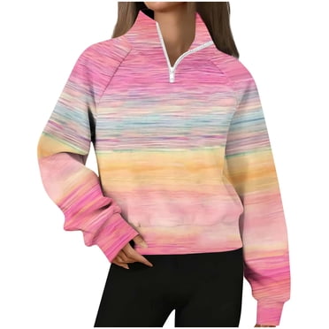 HAiming Womens Multi-color Gradient Striped Sweatshirt Stand Collar Quarter Zip Long Sleeve Pullover Tops Clothes