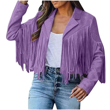 Moxiu Veste à Franges en Faux Suède pour Femme, Veste à Franges en Faux Cuir Style Western Moto Biker, Manteaux Ouverts à l'Avant, Vestes Courtes de Moto Violet, P