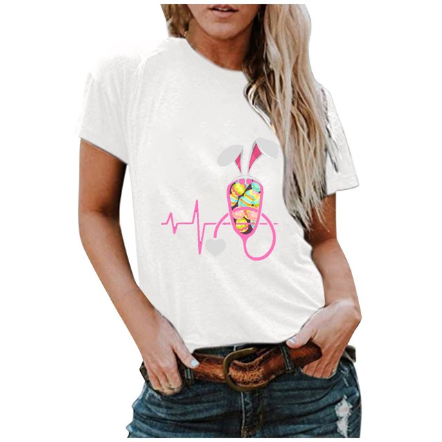 Hauts d'Été pour Femmes 2023 T-shirt à Col Rond pour Femmes à Imprimé Lapin de Pâques à Manches Courtes Blouse Décontractée Ample