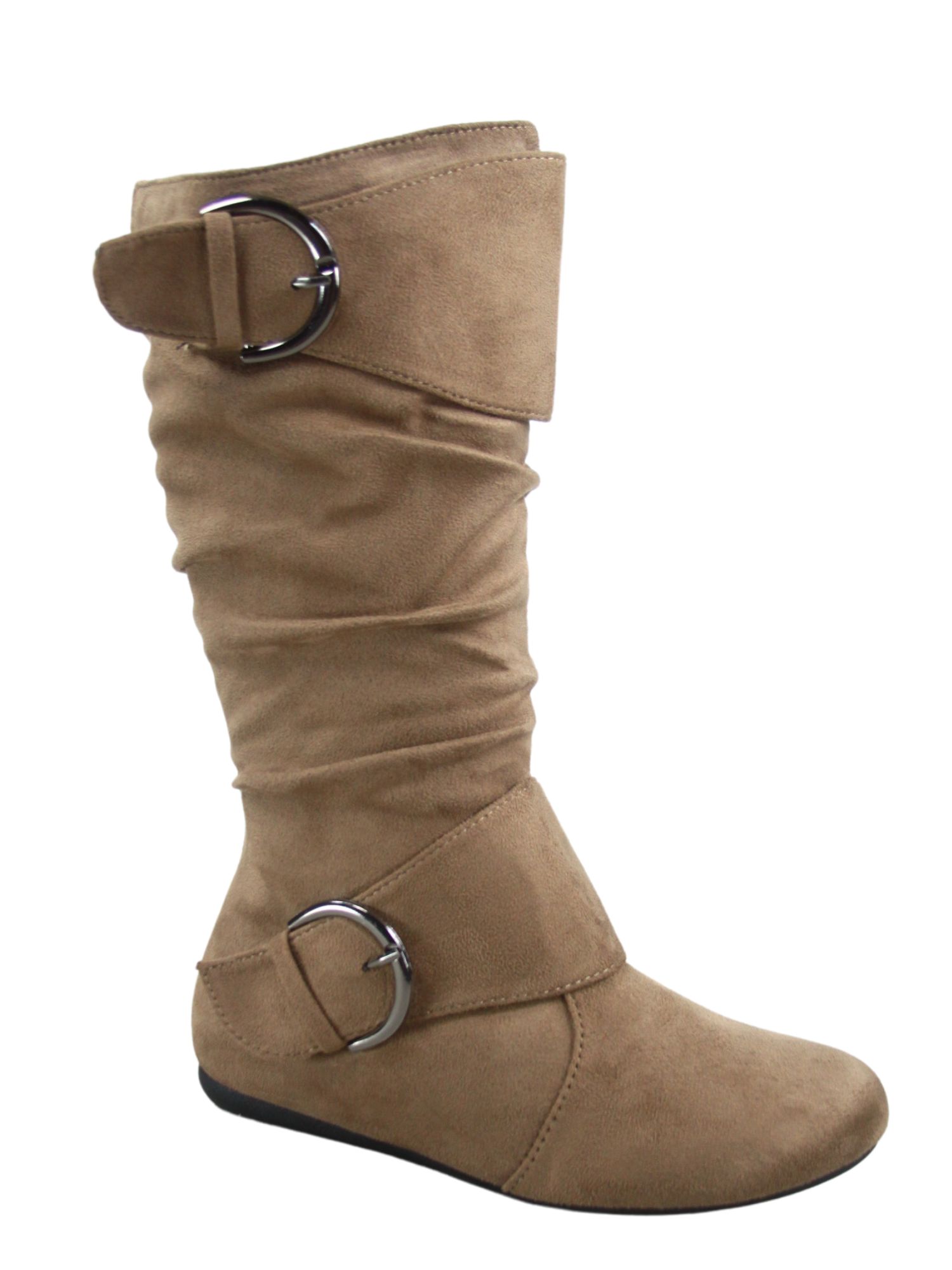 Bottes Mi-Mollet à Bout Rond pour Femmes Zone 70, Confort, Fermeture Éclair, Boucle, Style Plissé Décontracté, Talon Plat ( Taupe, 10)