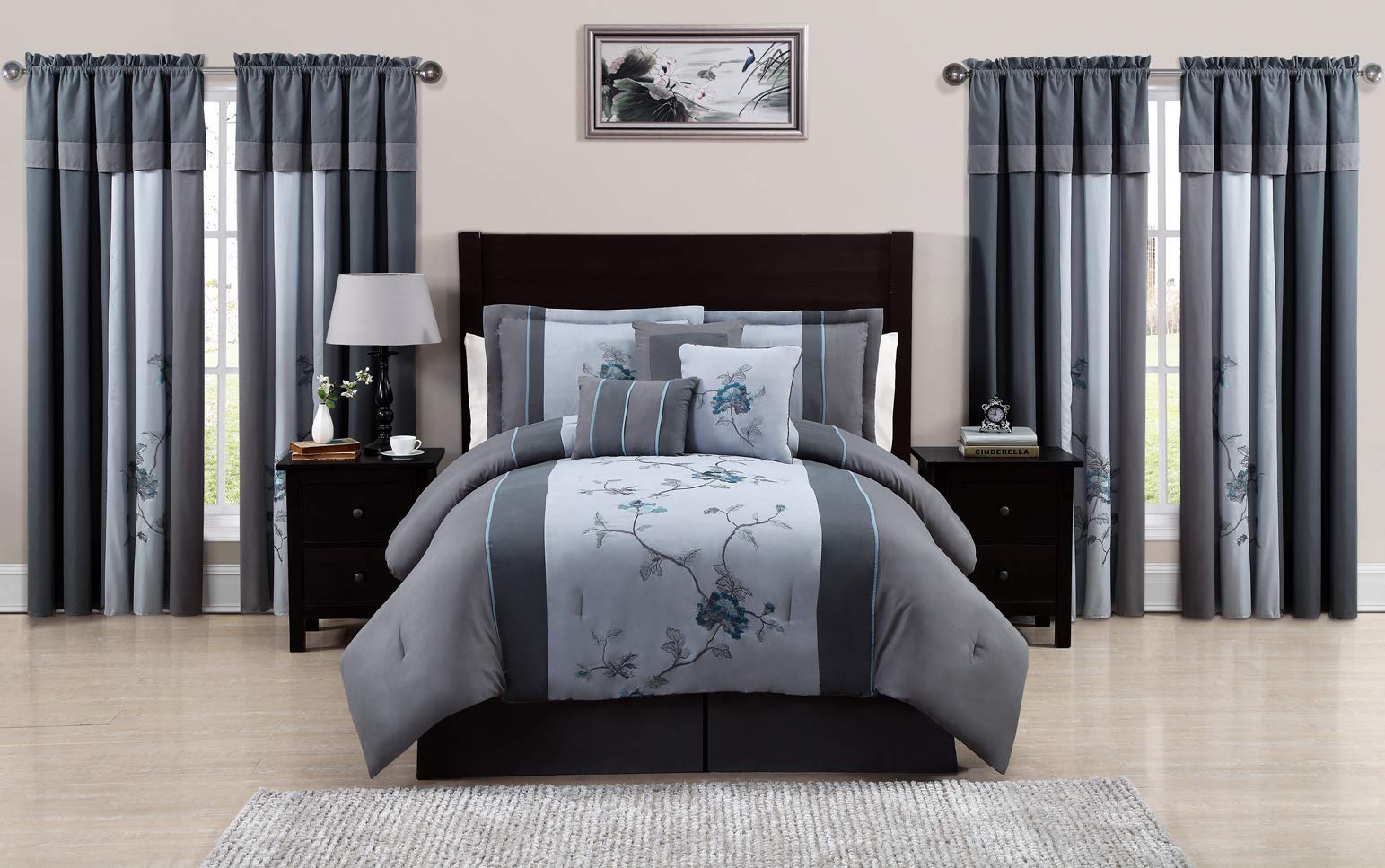 Chezmoi Collection Vienna Ensemble de Literie Brodé Floral Gris Bleu 7 Pcs, Taille Grand