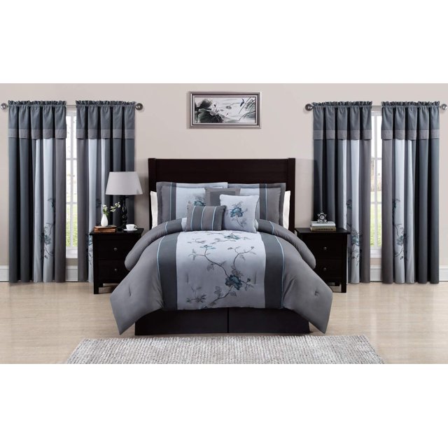 Chezmoi Collection Vienna Ensemble de Literie Brodé Floral Gris Bleu 7 Pcs, Taille Grand