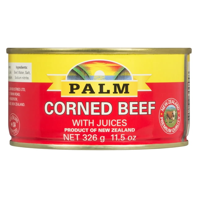 Palm Corned Beef with Juices canned meat from New Zealand, 326 g (11.5 oz), made from 100% grass-fed, free-range cows, with a red and yellow label featuring the Palm logo and New Zealand premium quality seal.