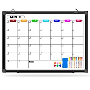 CALENBO Calendrier Tableau blanc pour mur 24" x 18", Calendrier mensuel de la planche blanche Effacement à sec avec cadre en aluminium noir, tableau d'effacement sec pour la maison de bureau et l'école