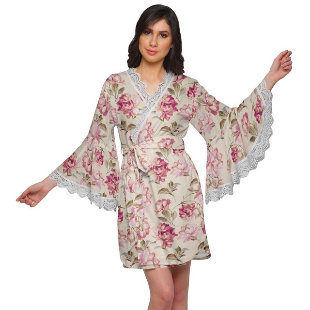 Moomaya Peignoir en Coton pour Femmes Robe de Chambre Imprimée Courte Peignoir de Douche Nuptiale