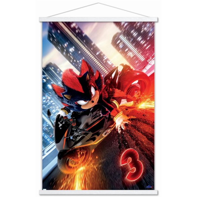 Sonic the Hedgehog 3 - Affiche Murale d'Une Feuille de Moto de l'Ombre, 14,725 Pouces x 22,375 Pouces Encadrée, Représentant Shadow the Hedgehog Chevauchant une Moto Noire et Rouge avec des Étincelles Volant du Pneu Arrière sur une Rue de Ville au Coucher du Soleil, avec des Gratte-Ciel Illuminés et un Numéro 3 Rouge Lumineux sur la Route, Idéal pour une Déco Murale Vibrante dans les Chambres, Bureaux Ou Dortoirs.