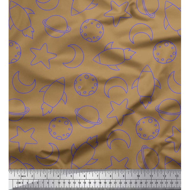 Soimoi Brown Modal Satin Fabric Planet & Stars Galaxy Print Sewing Fabric Yard 42 Inch Wide