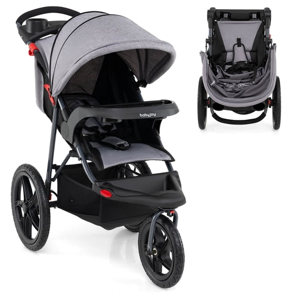 Poussette de Jogging Babyjoy Pliable avec Auvent Ajustable, Plateau Détachable, Porte-Gobelets, Gris
