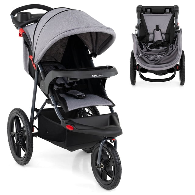 Babyjoy Poussette de Jogging Pliable Jogger avec Auvent Ajustable Plateau Détachable Porte-Gobelets en Gris. la Poussette Présente des Pneus en Caoutchouc Remplis d'Air pour l'Absorption des Chocs, un Auvent Réglable à 6 Positions et un Siège Inclinable de 110° à 143+. Elle Comprend un Harnais de Sécurité à 5 Points, un Système de Freinage des Roues Arrière, des Plateaux Détachables, des Porte-Gobelets et un Grand Panier de Rangement. la Conception Pliable Assure un Rangement et une Portabilité Faciles. Convient aux Nouveau-Nés et aux Tout-Petits de 6 à 36 Mois.