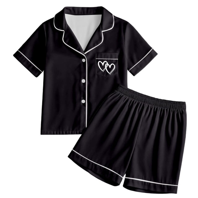 Pyjama pour Filles Ensemble de Pyjama pour Filles Doux à Manches Courtes Tenue d'Intérieur Confortable Ensemble Élégant pour Préadolescentes avec Imprimé de Cœur