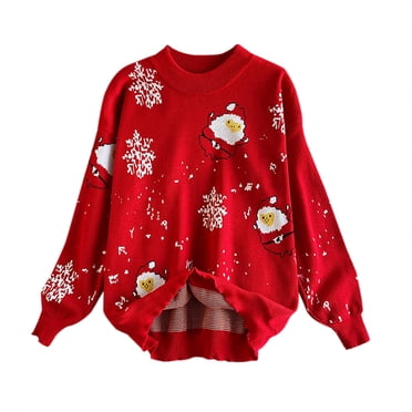 RKSTN Ugly Christmas Sweater for Women Fall Fashion 2023 Christmas Printed Long Sleeve Knitted Sweaters Pullove Round-Neck Casual Sweater Tops