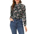 thumbnail image 1 of INSPIRE CHIC Women's Floral Button Up Ruffle Stand Collar Long Sleeve Shirt Blacks S, 1 of 5