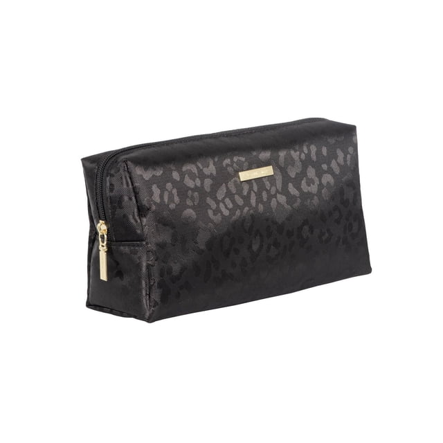 Conair Black Cheetah Jacquard Medium Organizer, a rectangular makeup bag made from black cheetah print jacquard fabric with a gold-tone zipper pull, featuring a spacious single-zipper compartment ideal for organizing beauty essentials and suitable for travel.