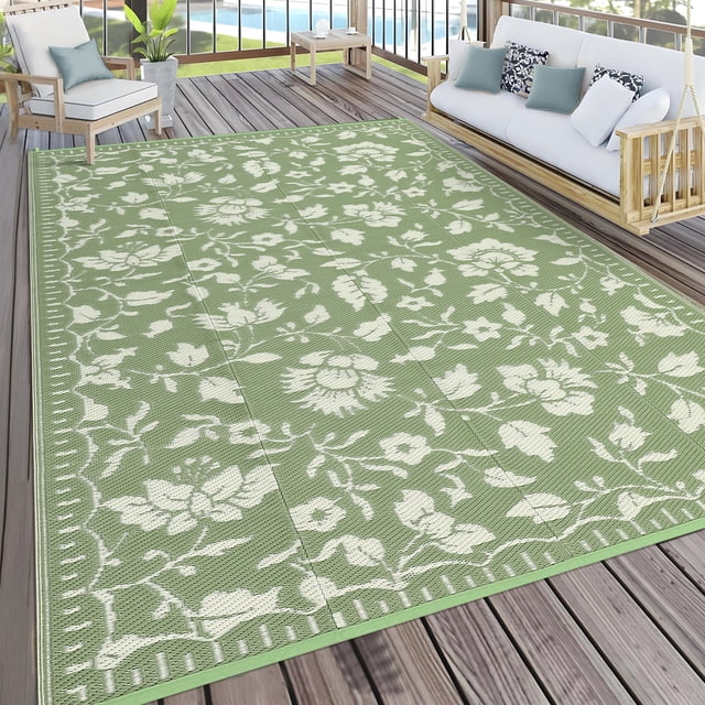 Nanan 5x8 Waterproof Outdoor Rug, All-Weather Floral Pattern Patio Mat, UV Resistant, Stain Resistant, Easy Clean Plastic Rug for Yard, Deck, Balcony, Camping,Gray Green/Ivory White
