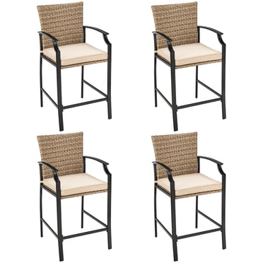 Costway Lot de 4 Tabourets de Bar en Rotin pour Patio avec Coussin, Repose-Pieds et Accoudoirs