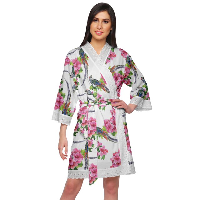 Moomaya Robe Imprimée en Coton pour Femmes Kimono Préparation Demoiselle d'Honneur Peignoirs en Dentelle