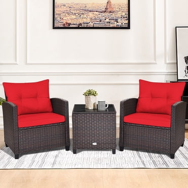 Gymax 3PCS Outdoor Patio Rattan Conversation Set w/ Coffee Table Red Cushion