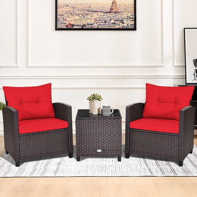 Gymax 3PCS Outdoor Patio Rattan Conversation Set w/ Coffee Table Red Cushion
