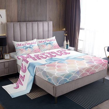 Erosebridal Princess Bow Tie Queen Sheet Sets,Kawaii Mermaid Bedding Sets Queen Size,Kids Bedroom Decor,Ultra Soft,4-Piece