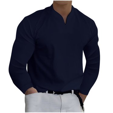 Men Long Sleeve Shirt Men Fashion Casual Shirt Solid Color Long Sleeve V-Neck Pullover Blouse Tops