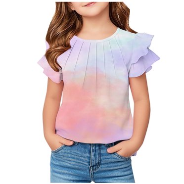 Lmnyox T-Shirts d'Été Mignons pour Fille à Volants Manches Courtes Plissées T-Shirt Mode 2025 Décontracté Tendance T-Shirts Hauts