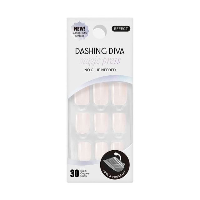 DASHING DIVA - MAGIC PRESS - HAPPILY EVER AFTER white press-on gel nails with shimmery velvet effect, medium length, square shape, glossy finish in retail pack of 30 nails with peel and press on application, no glue needed, super strong adhesive for up to 10 days waterproof wear, suitable for easy at-home manicures.