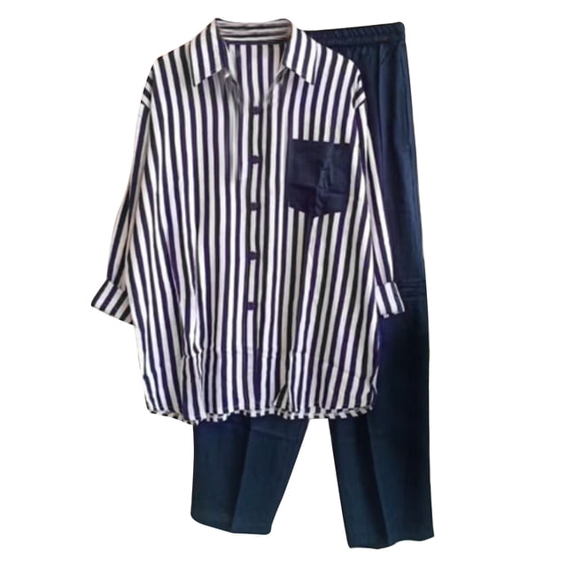 Mikilon Ensemble Élégant pour Femmes 2 Pcs Été Nouveau Cardigan à Revers Imprimé Mode Costume Nouveau Cardigan Décontracté Été Imprimé Ensemble Mode Bleu S