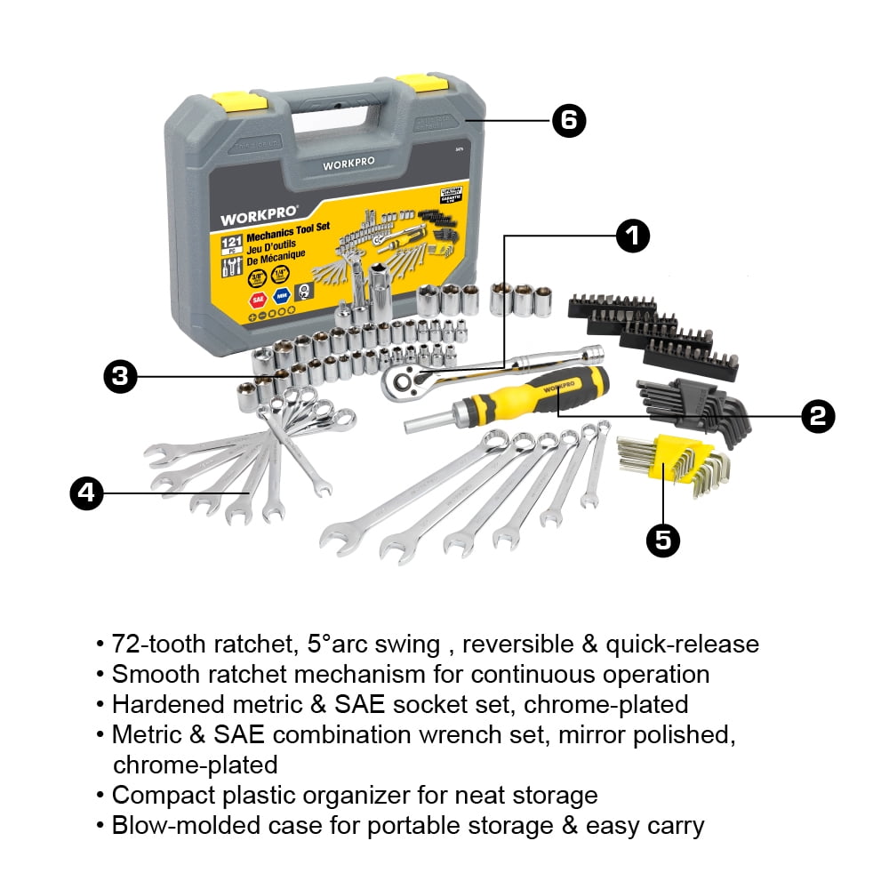 Ensemble d’outils WorkPro Mechanics - 121 pièces, ensemble de clés à cliquet à douille, boîte à outils