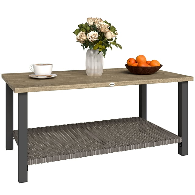 Outsunny Table Basse d'Extérieur avec Tablette, Dessus en Métal Effet Bois, Brun