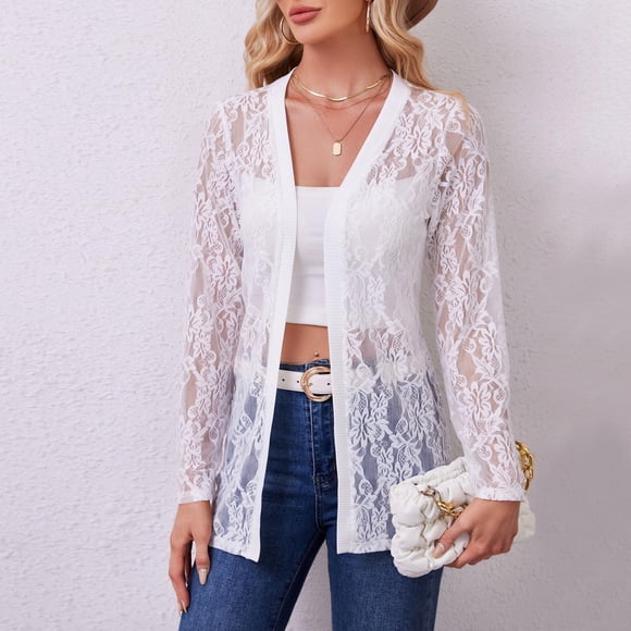BiZtdJrK Cardigan Ouvert en Dentelle Florale pour Femme, Léger, Kimono en Maille de Dentelle, Cache-Maillot, Manches Longues, Boléros, Chemises, Blanc, Offres chez Walmart