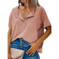 thumbnail image 1 of Women Button Lapel Collar V Neck Short Sleeve Pocket Plain Shirt, 1 of 4