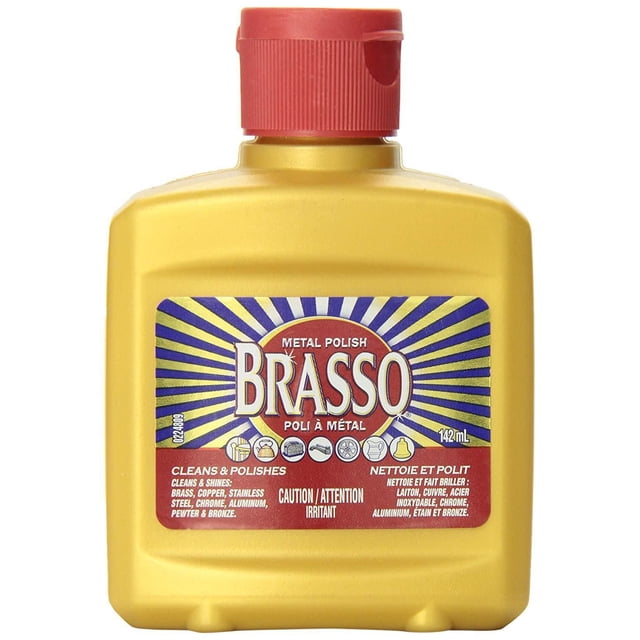 Brasso Metal Polish in a yellow plastic bottle with a red flip-top cap, labeled for cleaning and polishing brass, copper, stainless steel, chrome, aluminum, pewter, and bronze, 142 mL, suitable for auto detailing and car care to restore metal shine.