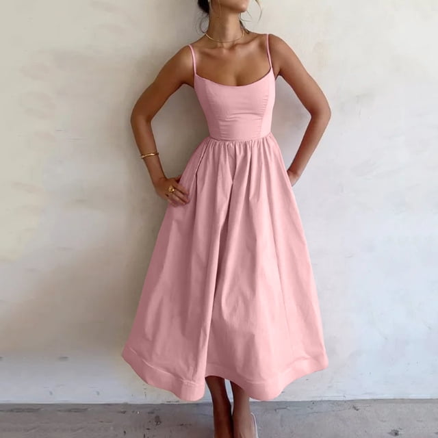 Robes d'Été pour Femmes 2025 Robe Longue Sans Manches à Bretelles Couleur Unie Dos Nu Ligne A Bandage Maxi Robe Rose m