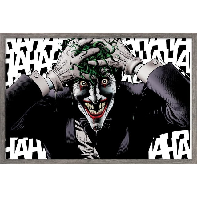 DC Comics - The Joker - Affiche Murale Folle, 22,375 Po x 34 Po Présente une illustration Encadrée du Joker avec des Cheveux Verts, une Peinture Visage Blanc et une Combinaison Noire, Saisissant Sa Tête avec un Grand Sourire et des Larmes Rouges Qui Coulent de Ses Yeux et de Sa Bouche, sur un Fond Blanc Rempli de Texte Noir Répétitif « HA HA », Convenant à l'Art Mural et à la Déco Intérieure.