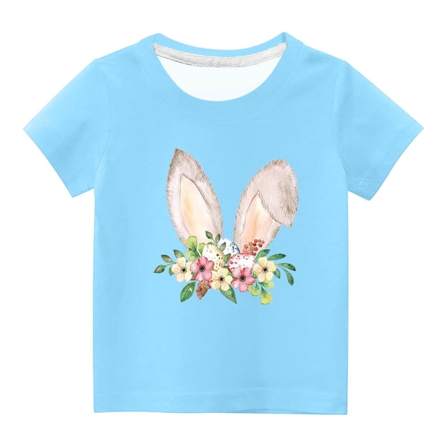 Penkiiy T-Shirts de Pâques pour Enfants Garçons Filles Mode Oreilles de Lapin de Pâques Imprimé Col Rond Manches Courtes 4 Ans Bleu