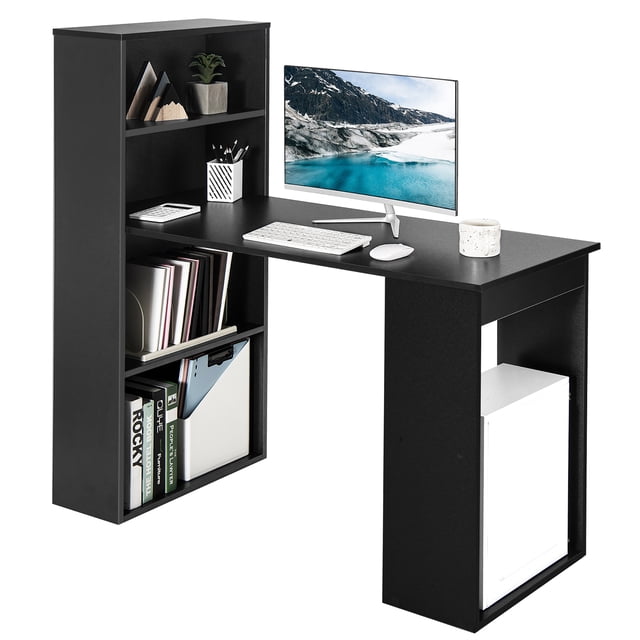 Costway Computer Desk Writing Workstation Office w/6-Tier Storage Shelves Black front-facing 48" x 20" x 48" black MDF desk with a large rectangular desktop, four cubby shelves on one side and a two-tier shelf on the other, detachable shelf that can accommodate a PC host, matte black engineered wood finish with visible grain, compact corner-friendly profile for dorm, home office or gaming setups, organized storage for books, plants and office supplies.