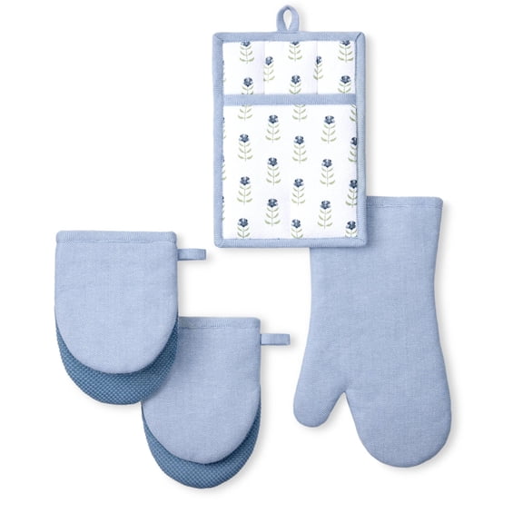 Ensemble de 4 gants de cuisine, maniques et mini-gants Beautiful Home de Drew Barrymore, bleuet