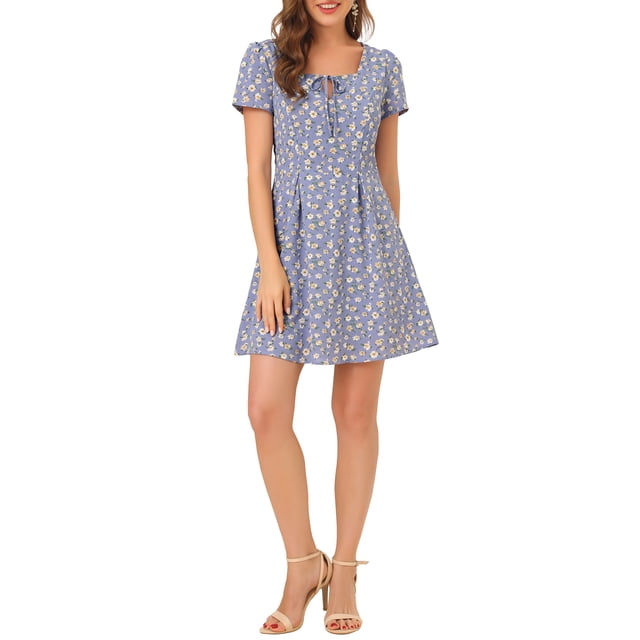 INSPIRE CHIC Robe de Bal Ligne A à Encolure Carrée Imprimée à Manches Courtes pour Femme TG Violet-Floral