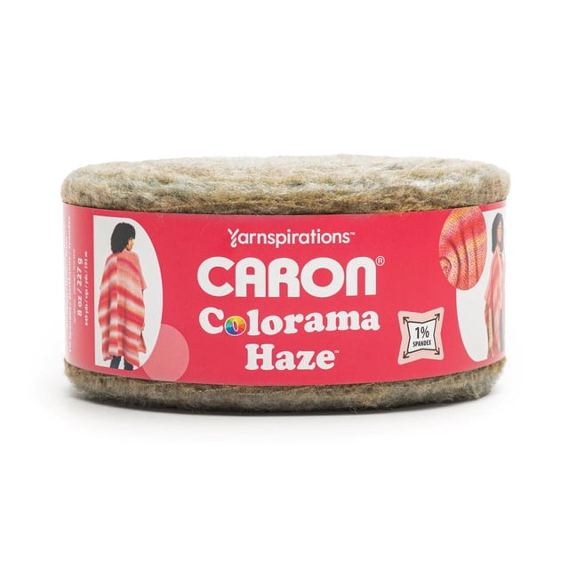Caron® Colorama Haze™ Yarn, bulky #4 medium acrylic blend yarn in muted earth tones, 8oz/227g with 649 yards, wrapped in a red label showing knitting project images and brand details, ideal for cozy shawls and accessories.